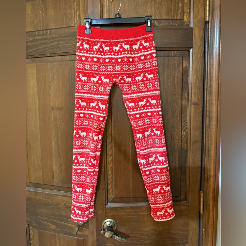 Red Patterned Kids Leggings size 12-16 large/XL Christmas